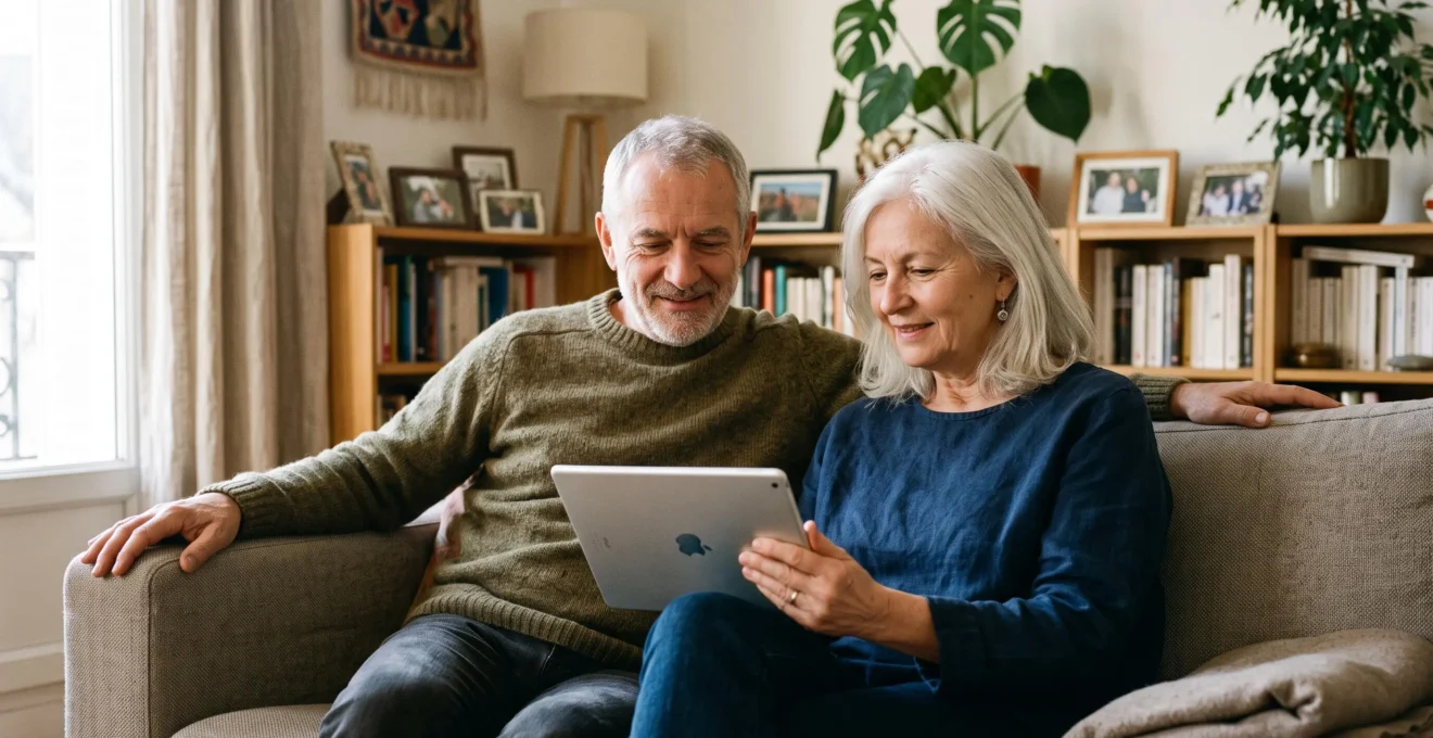 Couple de retraités consultant ensemble une tablette numérique sur un canapé, simulant leur crédit travaux dans un intérieur moderne et lumineux