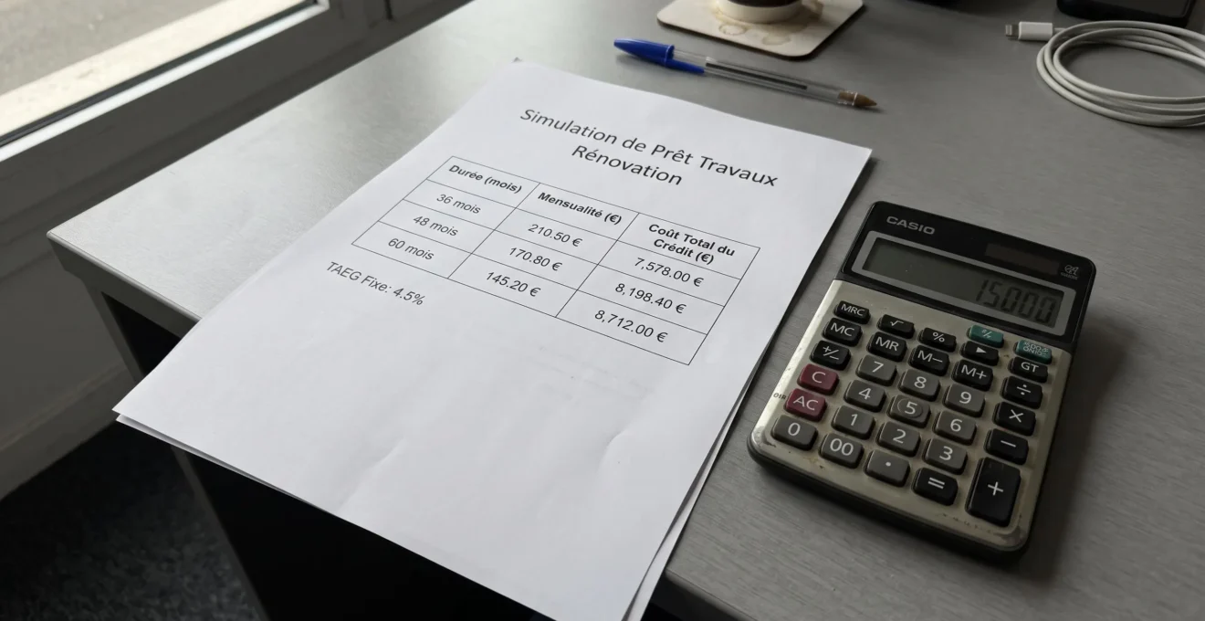 Document imprimé de simulation de crédit travaux présentant un tableau comparatif des durées de remboursement, mensualités et coûts totaux, posé sur un bureau avec stylo et calculatrice