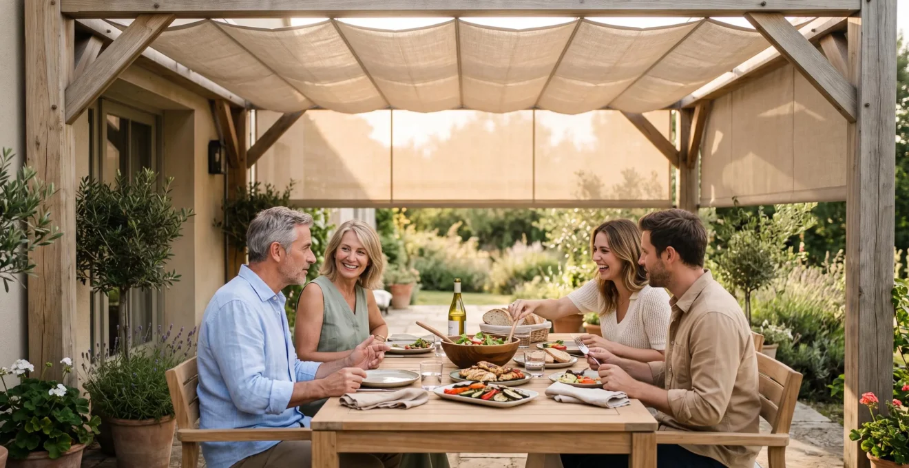 Famille profitant d'un repas convivial sous une pergola à store déployé sur une terrasse aménagée