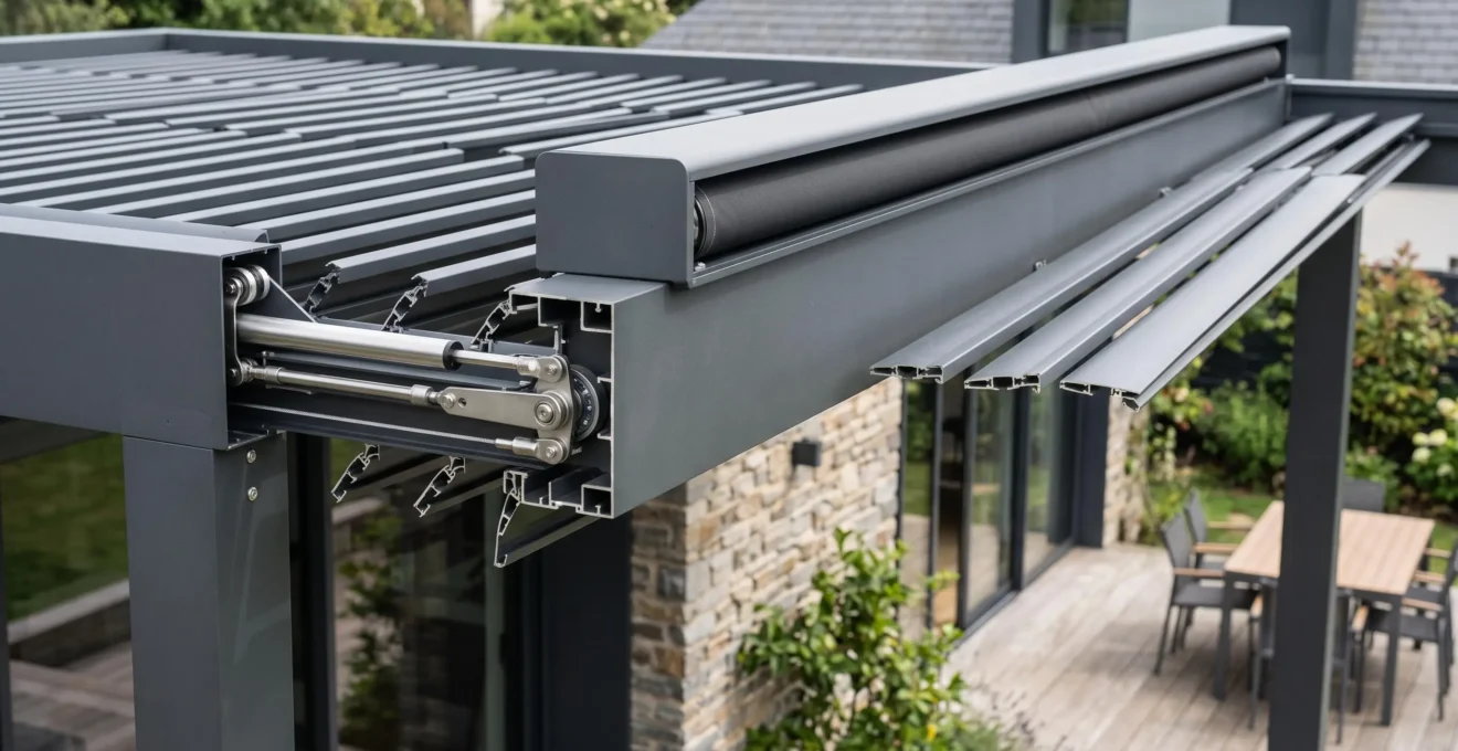 Vue détaillée d'une pergola bioclimatique montrant les lames orientables en aluminium et le système de store intégré