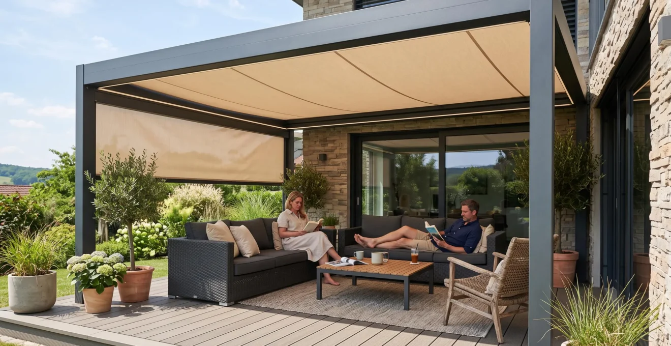 Pergola bioclimatique moderne avec store intégré déployé créant une zone d'ombre sur une terrasse contemporaine aménagée