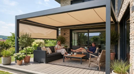 Pergola bioclimatique moderne avec store intégré déployé créant une zone d'ombre sur une terrasse contemporaine aménagée