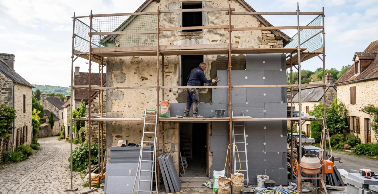 Un artisan pose des panneaux d'isolation sur la façade d'une maison en rénovation.