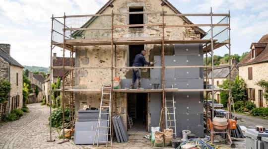 Un artisan pose des panneaux d'isolation sur la façade d'une maison en rénovation.