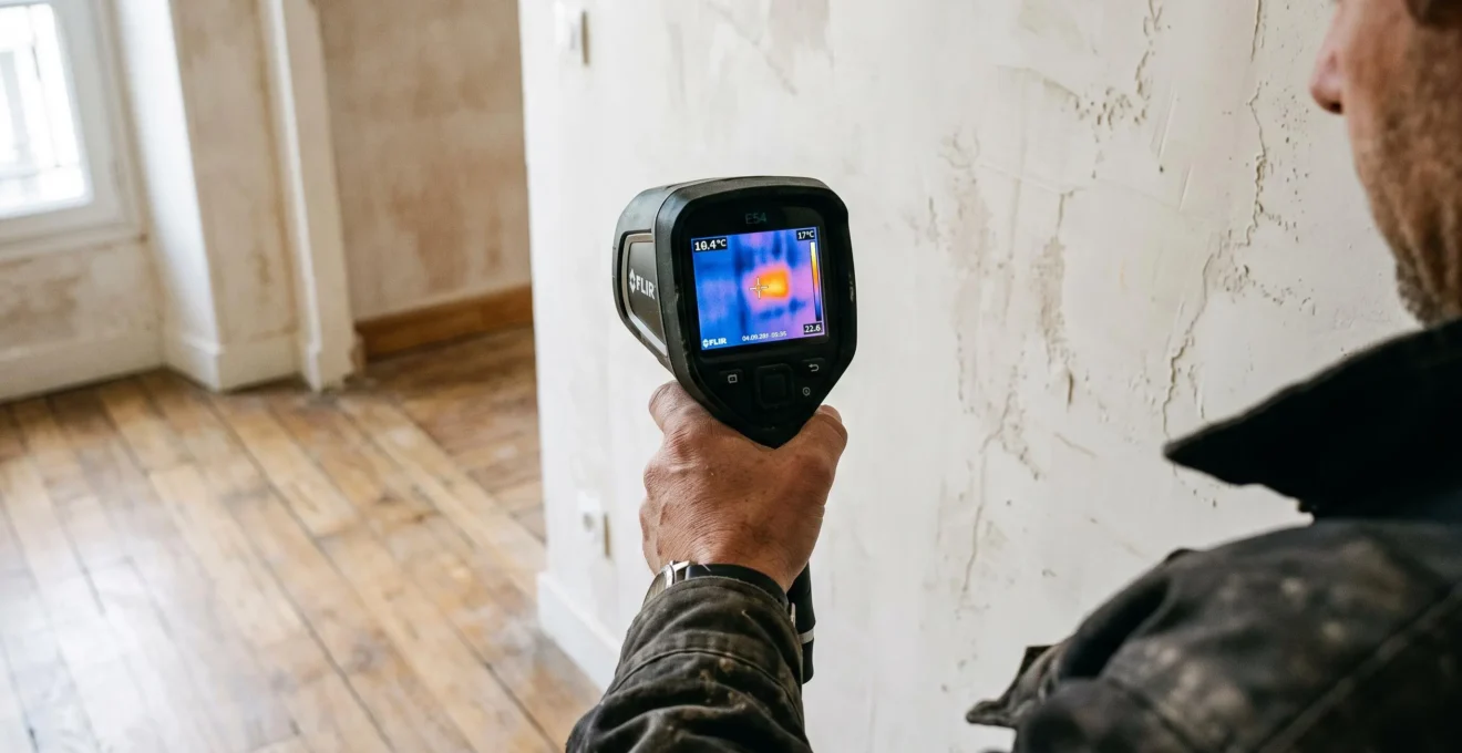 Une caméra thermique mesure les déperditions de chaleur sur un mur intérieur rénové.
