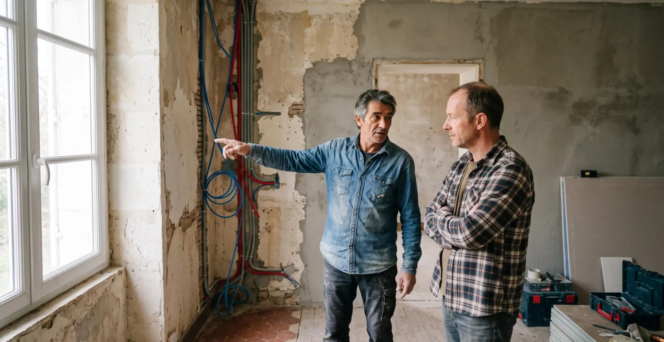 Un propriétaire discute des travaux avec un artisan dans une pièce en rénovation.